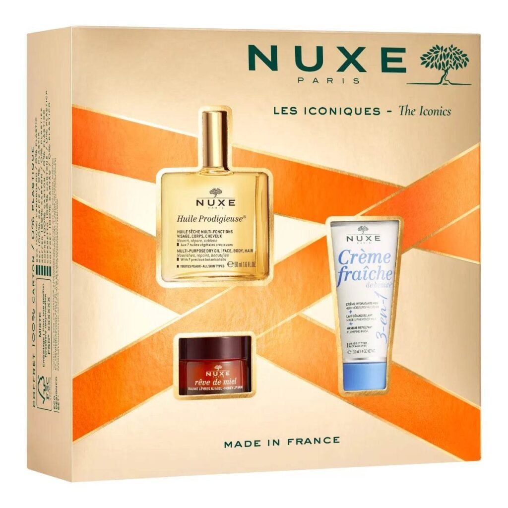 COFFRET NUXE HUILE PR 50ML + CREME FRAICHE HYDR + REVE MIEL BAUME A LEVRE // LES CONIQUES MARON TRES CLAIRE