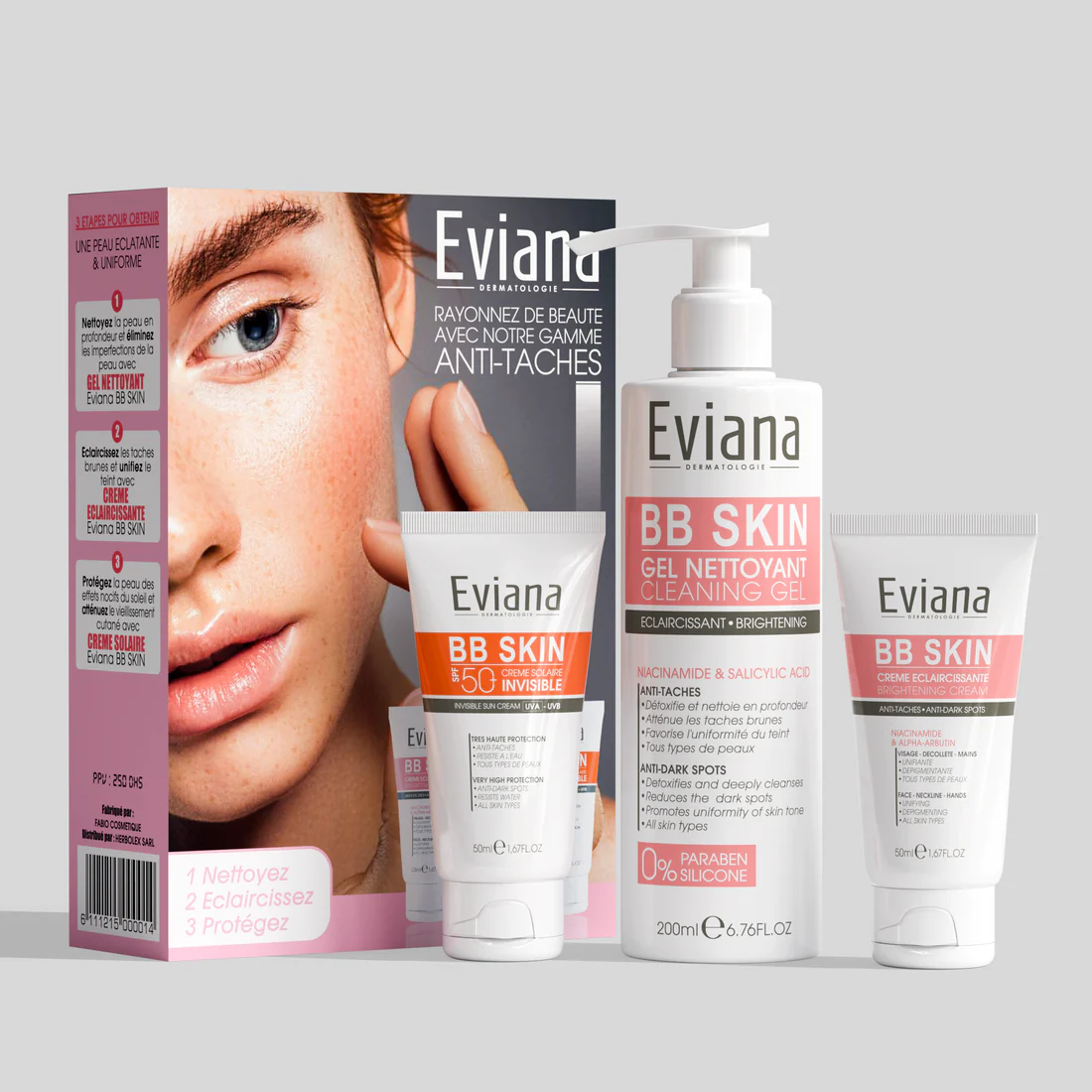 EVIANA DUO PACK BB SKIN CREME ECLAIRCISSANTE ANTI TACHE + BB SKIN ECRAN SP50+ BB SKIN GEL NETT ) - Image 1