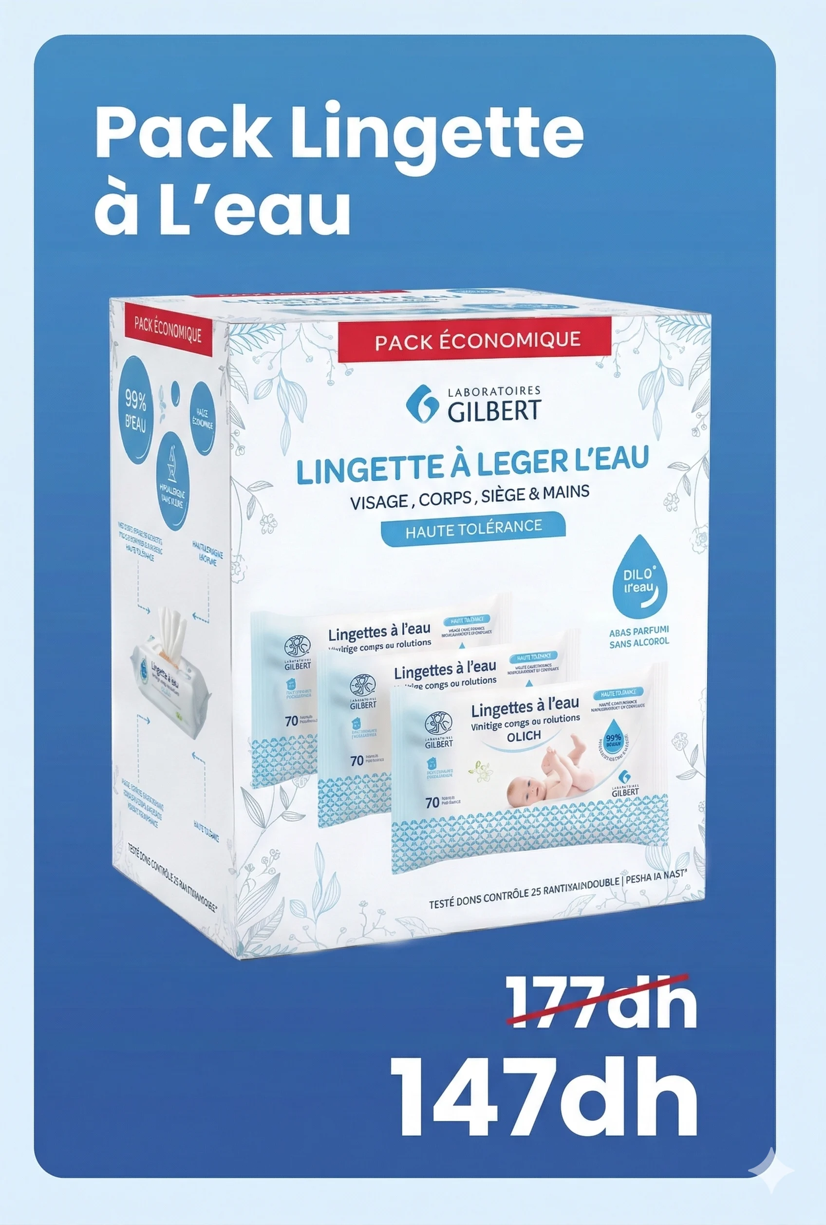 LINGETTES EAU BIODEGRADABLES BT 70 GILBERT PACK ( 2 ACHETEES= -50% SUR LA 3EM) - Image 1