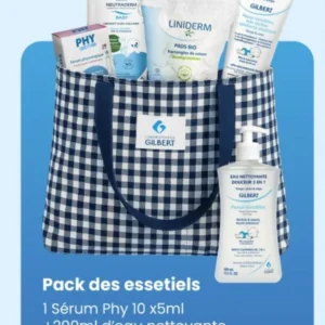 PACK DES ESSENTIELS DES TOUT PETITS ( SERUM PHY10X5 ML +EAU NETTOYANTE 200 ML + PADS BIO REGT +GEL NETTOY+LINIMENT OLEO POME + SAC)