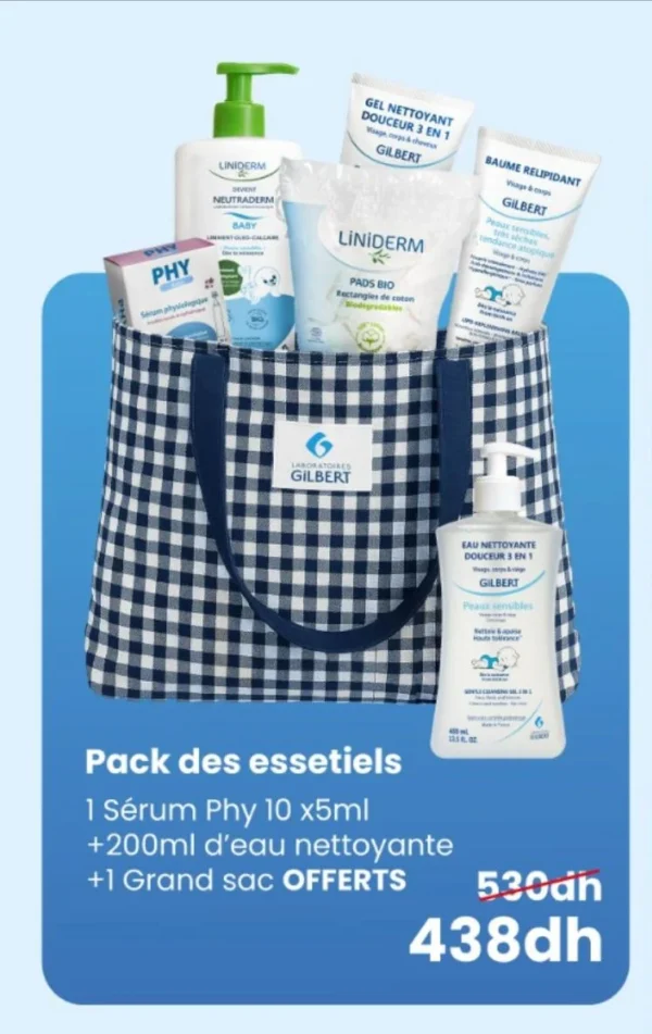 PACK DES ESSENTIELS DES TOUT PETITS ( SERUM PHY10X5 ML +EAU NETTOYANTE 200 ML + PADS BIO REGT +GEL NETTOY+LINIMENT OLEO POME + SAC)