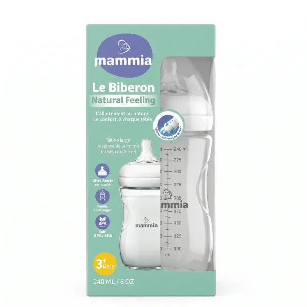 MAMMIA BIBERON NATUREL FEELING A POIGNEE 240 ML BLANC