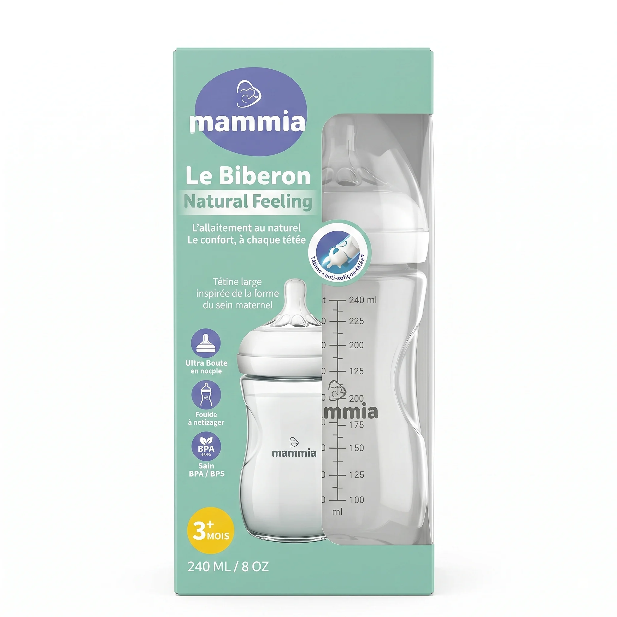 MAMMIA BIBERON NATUREL FEELING A POIGNEE 240 ML BLANC - Image 1
