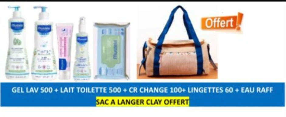 PROMO MUSTELA (GEL LAVANT 500 ML+LAIT 500 ML+CREME CHANGE 100 ML+ LINGETTES+EAU RAFR +SAC CLAY