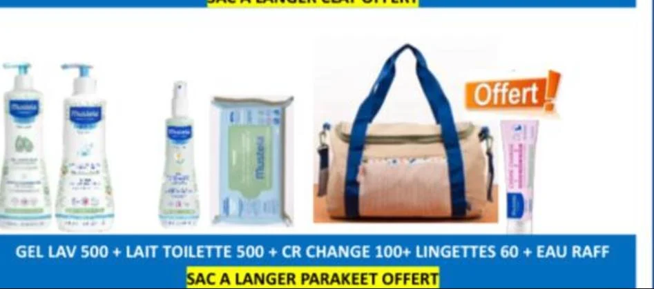 PROMO MUSTELA (GEL LAVANT 500 ML+LAIT 500 ML+CREME CHANGE 100 ML+ LINGETTES+EAU RAFR +SAC PARAKEET